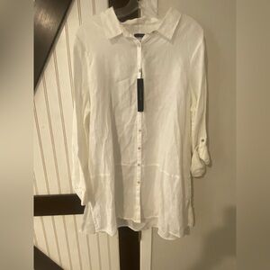 Tahari Essentials 100% Linen Tunic Top Shirt sz 1X Button Down White New